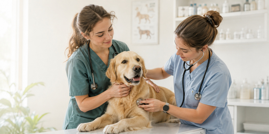 Two students examining a dog in the clinic