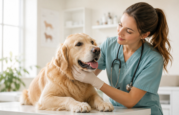 Student with a golden retriever in the clinic